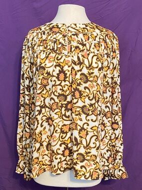 LOFT Floral Scroll Blouse in Cream, Pink, Yellow and Brown. Size L.